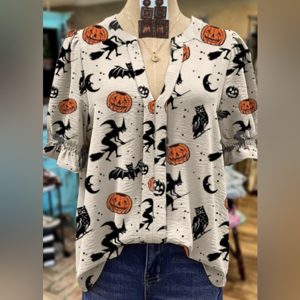 Puff Sleeve Halloween Pumpkin Print Top - Size XL
